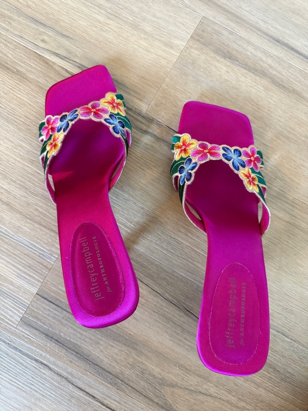 Jeffrey Campbell Fuchsia Satin Floral Embroidered Slide Mules